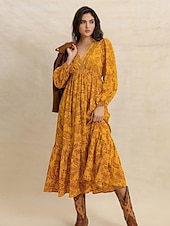 levne Boho šaty-Dámské Maxi šaty Volnočasové šaty Boho šaty s dlouhým rukávem Boho šaty Na běžné nošení Cikánský Nahoře nabírané Domů Práce Denní Běžný Grafika Geometrický Dlouhý rukáv Do V Žlutá Hnědá Léto Jaro