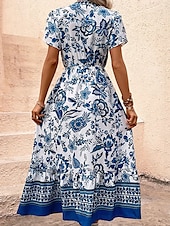 billiga Bohemklänningar-Dam Vanligt Maxiklänning Boho Chic klänningar Boho-klänning bohemliv Semester Strand Normal Grafisk Kortärmad V-hals Blå Sommar