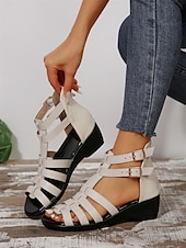 cheap Casual Sandals-Women&#039;s Gladiator Strappy Open Toe Sandals with Double Buckle, Low Wedge Heel Comfortable Summer Shoes for Casual, Vacation, and Daily Wear