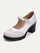 olcso Block Heels-női kék-fehér mary jane vaskos sarkú cipő brogue részletekkel, vintage stílusú kényelmes pumpák irodába, bulikba és mindennapi viseletre