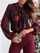 tanie Eleganckie bluzki-Damskie Koszula Bluzka Guziki Nadruk Kwiaty Codzienny Długi rękaw Golf Zwykłe topy Codzienny Czarny Czerwony Szary Wiosna i jesień