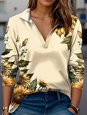 baratos Camiseta floral-Camiseta feminina moderna floral manga longa decote em V colarinho blusas regulares trabalho estampa preto rosa azul verde bege verão primavera outono