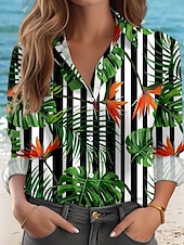 billige Kvinnenes ferietopper-Dame Skjorte Hawaiian Casual Blad Stripet Regular Topper Langermet Skjorte Krage Knapper Print Regular Fit Arbeid Daglig Grønn Sommer Ferie Klær Strandtøy