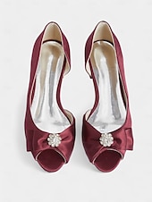 abordables Semi-formel-ballerines à bout ouvert en satin bordeaux pour femmes avec nœud et ornements en strass – chaussures de mariage élégantes pour les occasions nuptiales et formelles