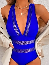 billiga One-piece-baddräkter-Dam Badkläder En bit Monokini Baddräkt Nät Öppen rygg Magkontroll Hög midja Smal Semester Standkläder Ensfärgat V-hals Ärmlös Baddräkter