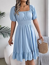 economico Abiti da campagna-Per donna Mini abito Abito casual Abito linea A Abito da lattaia Moda Essenziale Informale Da mare Giornaliero Standard Liscio Manica corta Squadrata Cachi Azzurro Estate Primavera