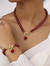 preiswerte Halskette für Damen-Set aus Halskette und Armband aus roten Perlen für Damen mit Herzanhänger, goldfarbenem Verschlussdesign, eleganter Schmuck als Geschenk zum Valentinstag, für Hochzeiten und besondere Anlässe