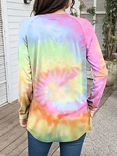 billige Tie Dye og Gradient t-skjorte-Dame T skjorte Dyr Batikkfarget Fritid Langermet Crew-hals Lange topper Daglig Trykt mønster Rosa Høst Vinter