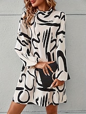 abordables Robe Rayée et Géométrique-Femme Mini robe Robe casual Décontractées du quotidien Standard Graphic manche longue Col Roulé Blanche Eté Printemps Automne