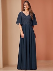 preiswerte Bodenlänge-A-Linie Kleid Brautmutterkleid Elegantes Juwelenausschnitt Bodenkurz Chiffon Halblangen Ärmel mit Spitze Einfarbig 2025