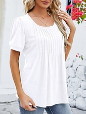 preiswerte Damen Einfache Oberteile-Damen Hemd Bluse Feste Farbe Basic Brautkleider schlicht Kurzarm Rundhalsausschnitt Normale Oberteile Täglich Rüschen Weiß Wein Marineblau Sommer Frühling