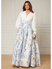 abordables FLORALES-Robe de Soirée A-Line Élégante Robe de Mariage Invité Longueur De Sol Manches Longues Col V Ceinture  Sash Satin avec Fente Robe Invité Mariage 2025