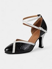 cheap Latin Shoes-Black and Gold Crocodile Pattern Dance Shoes for Women with Glitter Strap and Mid Heel - Perfect for Ballroom and Latin Dancing