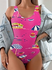 billiga One-piece-baddräkter-Dam Badkläder En bit Monokini Baddräkt Öppen rygg Magkontroll Hög midja Smal Semester Standkläder Grafisk U-hals Ärmlös Baddräkter