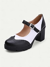 olcso Block Heels-női kék-fehér mary jane vaskos sarkú cipő brogue részletekkel, vintage stílusú kényelmes pumpák irodába, bulikba és mindennapi viseletre