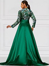 preiswerte GRÜN-A-Linie Abendkleid elegantes Kleid formelle Hochzeit bodenlang langarm Rundhals Champagner Mutter der Braut Kleid Satin mit Schlitz Stickerei Applikationen 2025
