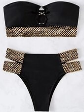 billiga Bikiniset-Dam Badkläder Bikini 2 st Kaxig Baddräkt Öppen rygg Smal Semester Standkläder Geometrisk Axelbandslös Ärmlös Baddräkter