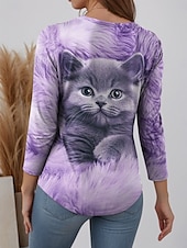 abordables T-shirt Animaux-Femme T shirt Chat Mode Moderne Décontractées manche longue Col Ras du Cou Hauts réguliers du quotidien Fin de semaine Imprimer Violet Automne Hiver