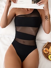 billiga One-piece-baddräkter-Dam Badkläder En bit Monokini Baddräkt Nät Öppen rygg Magkontroll Hög midja Smal Semester Standkläder Ensfärgat Asymmetrisk hals Ärmlös Baddräkter