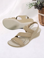 クッションソール付きレディースグリーン伸縮性ストラップウェッジサンダル - カジュアルウェアや旅行に最適な快適な夏用シューズ お買い得  快適なサンダル-クッションソール付きレディースグリーン伸縮性ストラップウェッジサンダル - カジュアルウェアや旅行に最適な快適な夏用シューズ