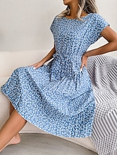 cheap Casual Floral Dresses-Women&#039;s Midi Dress Casual Dress A Line Dress Stylish Casual Vacation Daily Regular Fit Floral Short Sleeve Crew Neck Pink Light Blue Summer Spring