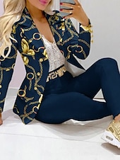 preiswerte Zweiteilige Sets-Damen Modisch Blazer Hose Hosen Langarm Hemdkragen Graphic Patchwork Casual Täglich Blau Frühling &amp; Herbst Regular Fit
