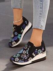 levne Dámské tenisky-dámské květinové flitrové slip-on tenisky - pohodlné třpytivé ležérní boty s klínovou podrážkou, ideální na procházky nebo párty