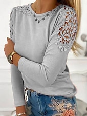 abordables Camiseta lisa-Mujer Camisa Blusa Color sólido Básico Casual Manga Larga Cuello Barco Tops regulares Diario Encaje Retazos Rosa Morado Gris Otoño Invierno
