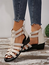 cheap Casual Sandals-Women&#039;s Gladiator Strappy Open Toe Sandals with Double Buckle, Low Wedge Heel Comfortable Summer Shoes for Casual, Vacation, and Daily Wear