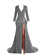 preiswerte Rosa-Meerjungfrau/Trompete Abendkleid elegantes Kleid Abend Party Verlobung Hofschleppe Langarm V-Ausschnitt Samt mit Schlitz Applikationen 2025