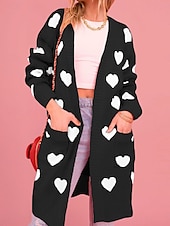 billige casual jakker-Dame Genser Kofte Elegant Mote Gatemote Hjerte Åpen Forside Lomme Strikket Langermet Vanlige topper Strikke utendørs Daglig Helg Svart Rosa Høst Vinter