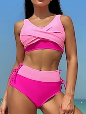 billiga Bikiniset-Dam Badkläder Bikini 2 st Kalsonger Baddräkt Öppen rygg Smal Hög midja Semester Standkläder Ensfärgat V-hals Ärmlös Baddräkter