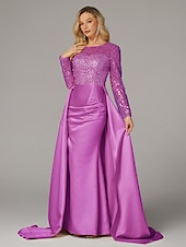 preiswerte Sekt-Meerjungfrau Abendkleid Elegantes Kleid Karneval Maskerade bodenlang langärmlig Illusions-Ausschnitt Champagner Brautmutter Kleid Satin mit Perlen Überrock