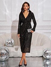 cheap Cocktail Dress-Women's Knee Length Dress Black Dress Sequin Dress Elegant Party Cocktail Party Regular Fit Long Sleeve Deep V Black Spring Fall