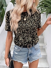 billige Dressy topper-Dame Paljetter Glitrende Party Glimmer عادي Mote Moderne Fritid Kortermet Crew-hals Vanlige topper Daglig Helg Paljetter Svart Rosa Gull Sommer Vår