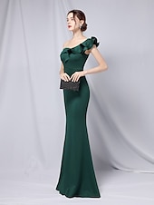 abordables VERT-Robe de soirée sirène  trompette robe élégante formelle mariage longueur de sol manches 3/4 une épaule crêpe extensible avec volants 2025