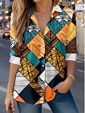 economico Top d&#039;Arte e Design per Donne-Per donna Camicia Blocco di colori Casual Manica Lunga Colletto a Camicia Top Regolari Quotidiano Ferie Bottoni Stampato Arancione Primavera Autunno Inverno