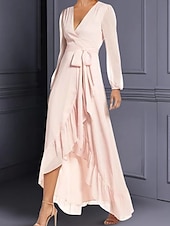 ieftine Lungimea podelei-Rochie tip A-line pentru mama miresei Invitat la nuntă Elegant Înalt-Scurt Gât în V Asimetric Lungime de ceai Chiffon Mâneci lungi cu pliuri Fisură frontală 2025 mărime personalizată gratuit