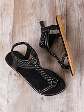 billiga Semester Sandaler-bruna flätade platta sandaler med t-rem för kvinnor med elastiskt ankelband - sommarskor i boho-stil för strand- och fritidskläder