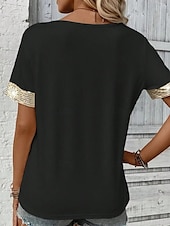 preiswerte Damen Einfache Oberteile-Damen Bluse Feste Farbe Basic Brautkleider schlicht Kurzarm V Ausschnitt Normale Oberteile Täglich Pailletten Patchwork Tasche Schwarz Weiß Sommer Frühling