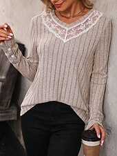 preiswerte Spitzenoberteile-Damen Elegante Spitzenoberteile Eyelet Bluse Lässige Einfarbige Reguläre Oberteile Langarm V-Ausschnitt Spitzen-Patchwork Reguläre Passform Tägliche Romantische Petite Oberteile Sommer Urlaub