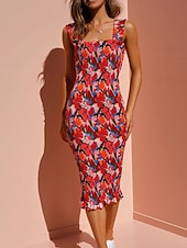 olcso Bodycon Club Dresses-női valentin ruha bodycon slip ruha virágos midi ruha ujjatlan, négyzet alakú nyakkivágás rendszeres illeszkedés vakáció napi stílusos alkalmi piros nyár tavasz