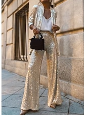 cheap Blazers &amp; Suits-Women&#039;s Blazer Formal Sequin Plain Comfortable Fashion Loose Fit Outerwear Long Sleeve Spring Black S
