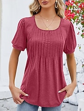 preiswerte Damen Einfache Oberteile-Damen Hemd Bluse Feste Farbe Basic Brautkleider schlicht Kurzarm Rundhalsausschnitt Normale Oberteile Täglich Rüschen Weiß Wein Marineblau Sommer Frühling