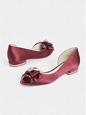 abordables Semi-formel-ballerines à bout ouvert en satin bordeaux pour femmes avec nœud et ornements en strass – chaussures de mariage élégantes pour les occasions nuptiales et formelles