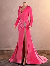 preiswerte Rosa-Meerjungfrau/Trompete Abendkleid elegantes Kleid Abend Party Verlobung Hofschleppe Langarm V-Ausschnitt Samt mit Schlitz Applikationen 2025