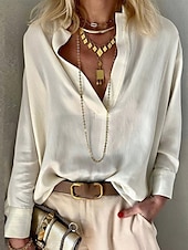 economico Top da Lavoro per Donne-Per donna Camicia Blusa Tinta unica Essenziale Informale Manica lunga Collo dentellato Top regolari Giornaliero Giallo Beige Primavera &amp; Autunno