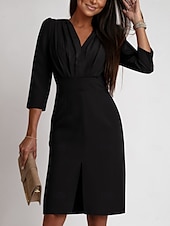 preiswerte Kleider für die Arbeit-Damen Arbeitskleidung Etuikleid Elegant B¨¹ro Täglich Midikleid Rüschen Gespleisst V Ausschnitt Langarm Glatt Regular Fit Schwarz Weiß Khaki Herbst S M L XL 2XL