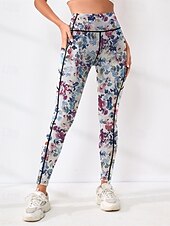cheap Yoga Leggings &amp; Tights-Women&#039;s Yoga Pants Yoga Leggings High Waist Yoga Gym Workout Pilates Tights Floral Blue Fall Sports Activewear Stretchy Slim