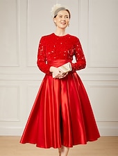 economico Lunghezza del pavimento-Abito A-Line per madre della sposa elegante collo gioiello lungo fino al pavimento in satin maniche lunghe con pieghe e paillettes